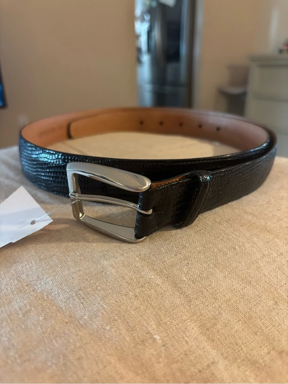 Trafalgar genuine Java Lizard Black Italian Leather Belt Silver Buckle 40